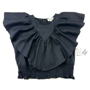 Open Edit NEW linen ruffle top Medium linen viscose black stretch waist summer